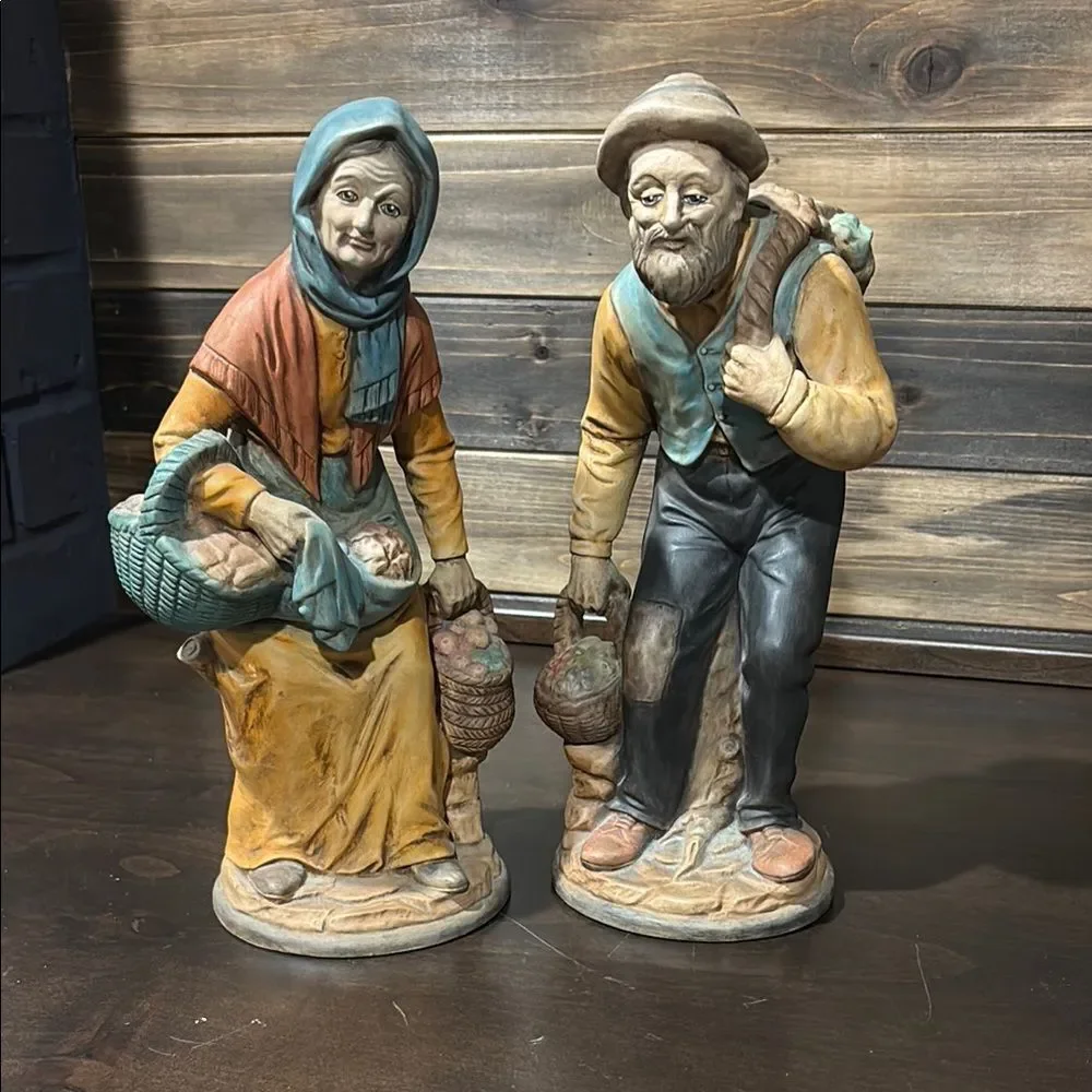 Vintage Ceramic Figurines Elderly Couple with Fruit Baskets Peddlers Signed DC